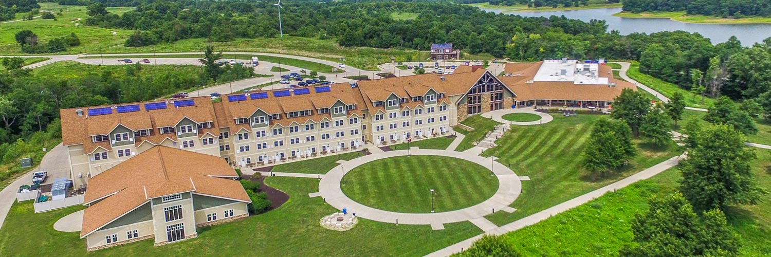 Aerial view of the main lodge shows where Honey Creek Resort is located next to Rathbun Lake
