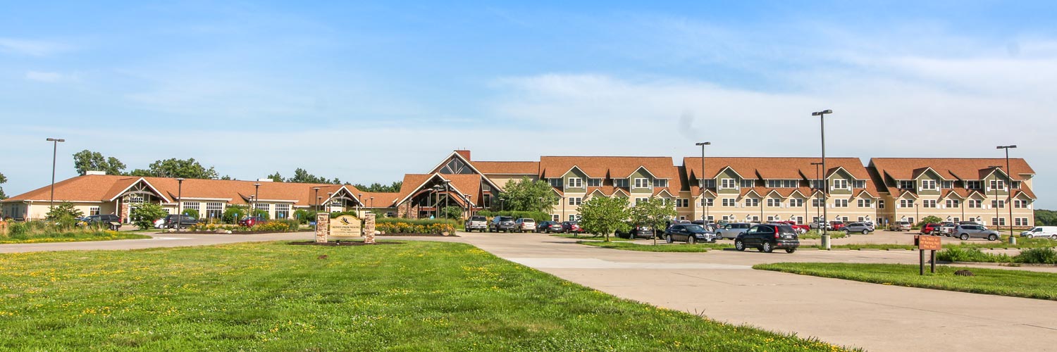 The main lodge at Honey Creek Resort from the entrance