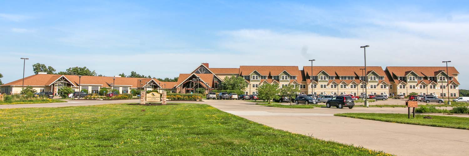 The view approaching Honey Creek Resort in Iowa with conference and meeting space on the left