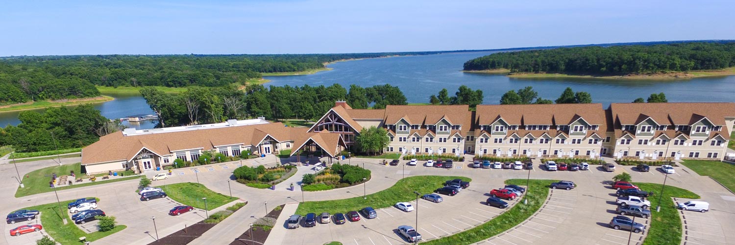 Aerial view overlooking Honey Creek Resort and Rathbun Lake