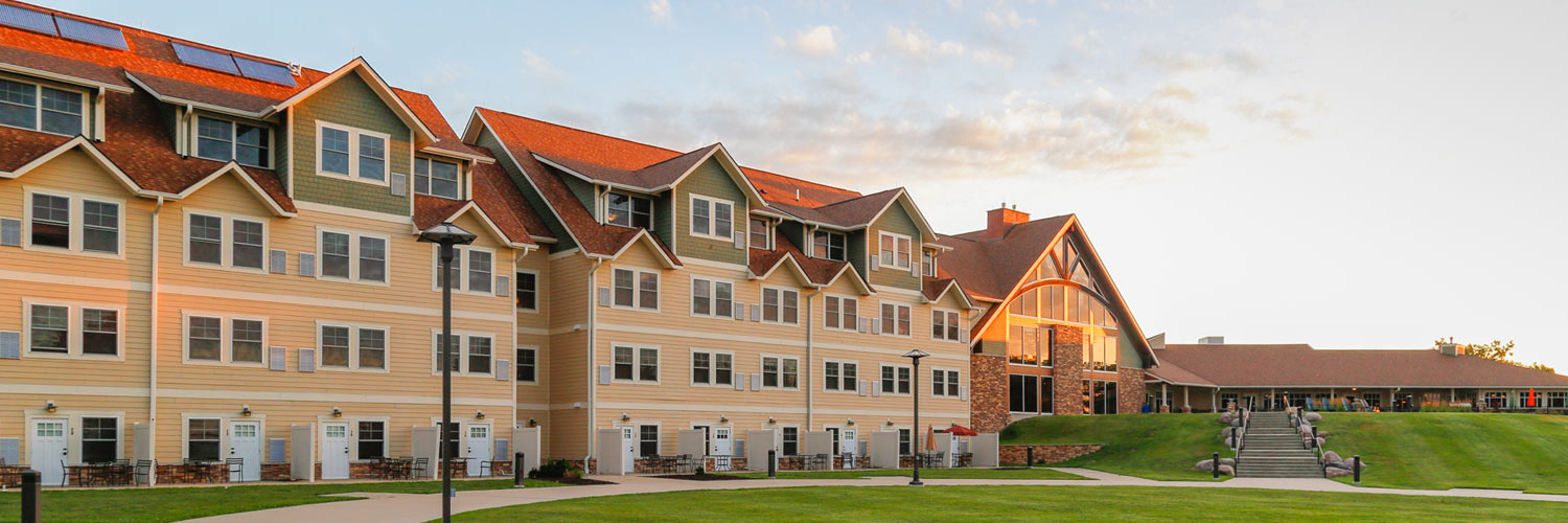 Exterior view of the back of Honey Creek Resort in Iowa