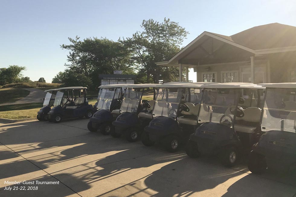 Golf carts outside of the Pro Shop at The Preserve on Rathbun Lake during the 2018 Member-Guest Tournament