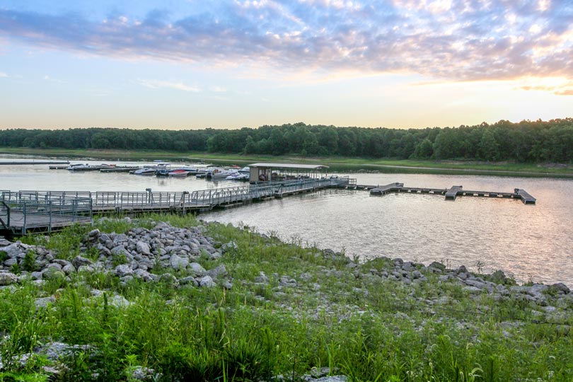 Scenic view of Honey Creek Resort's marina, including its boat rentals, along Rathbun Lake
