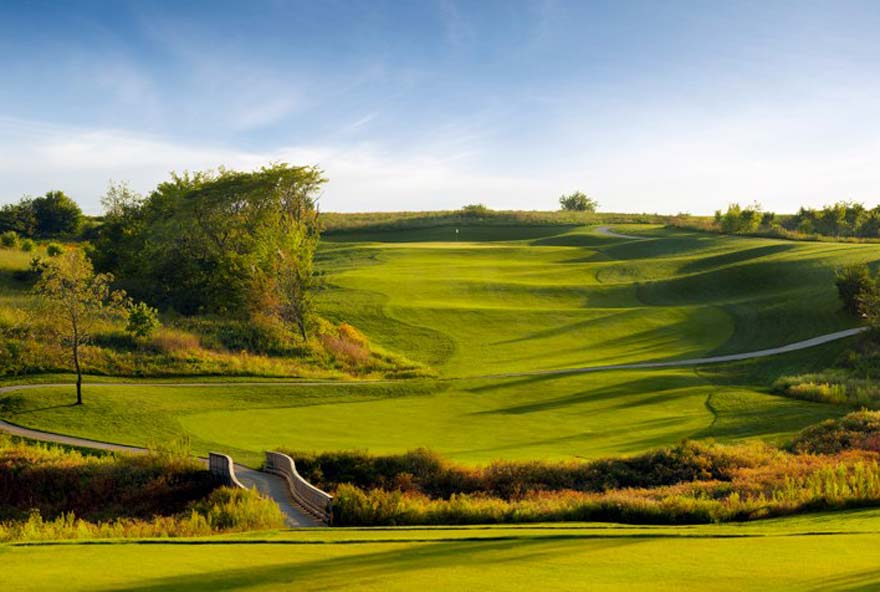 The championship golf course at The Preserve on Rathbun Lake overlooks streams and meadows at Honey Creek Resort