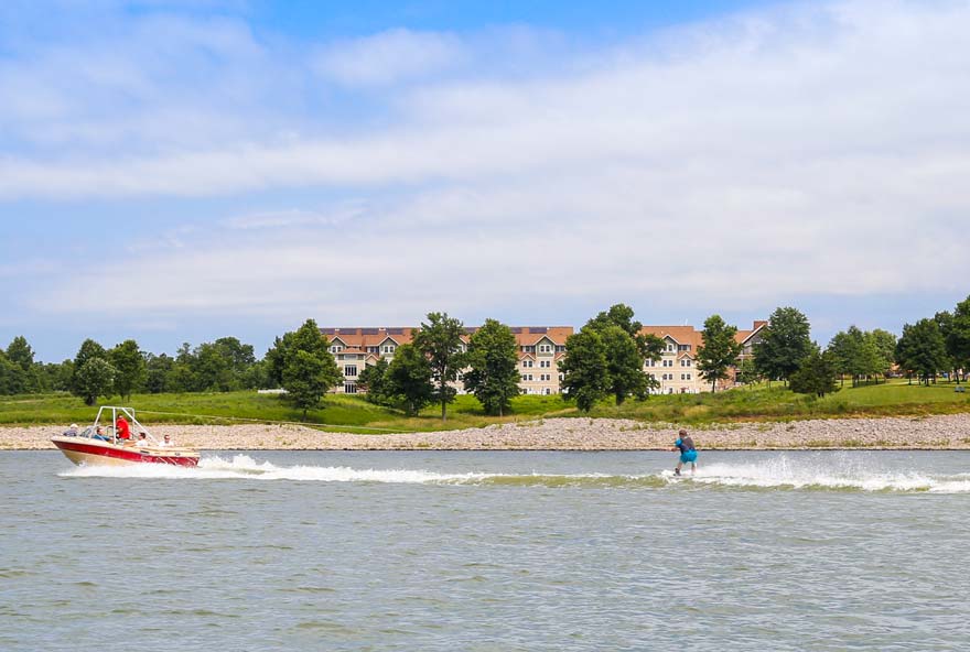 Waterskiing on Rathbun Lake with Honey Creek Resort in the background